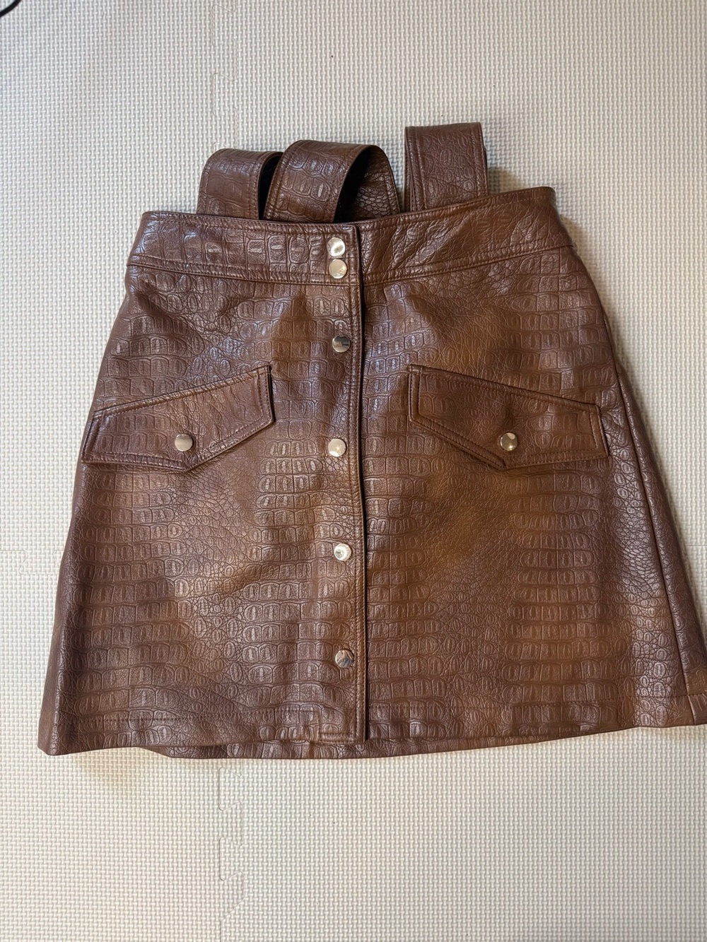 Zara Brown Faux Croc A-Line Mini Skirt with Front Snaps
